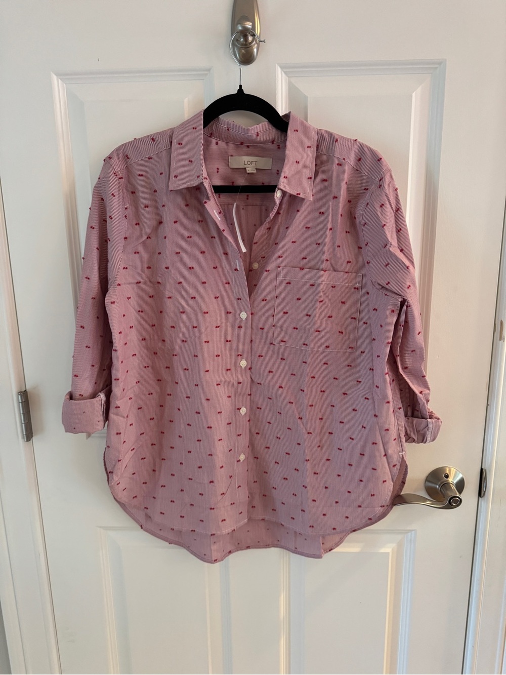 LOFT Pink Striped Button-Up Shirt with Red Micro Dots